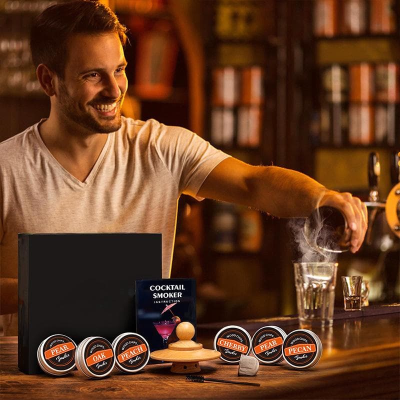 Premium Whiskey Cocktail Rökare Kit Med 6 Träflisor & Metallfilter, Snabb Oxidation Luftare Bar Verktygsset För Hemma Lyxiga Gåvor