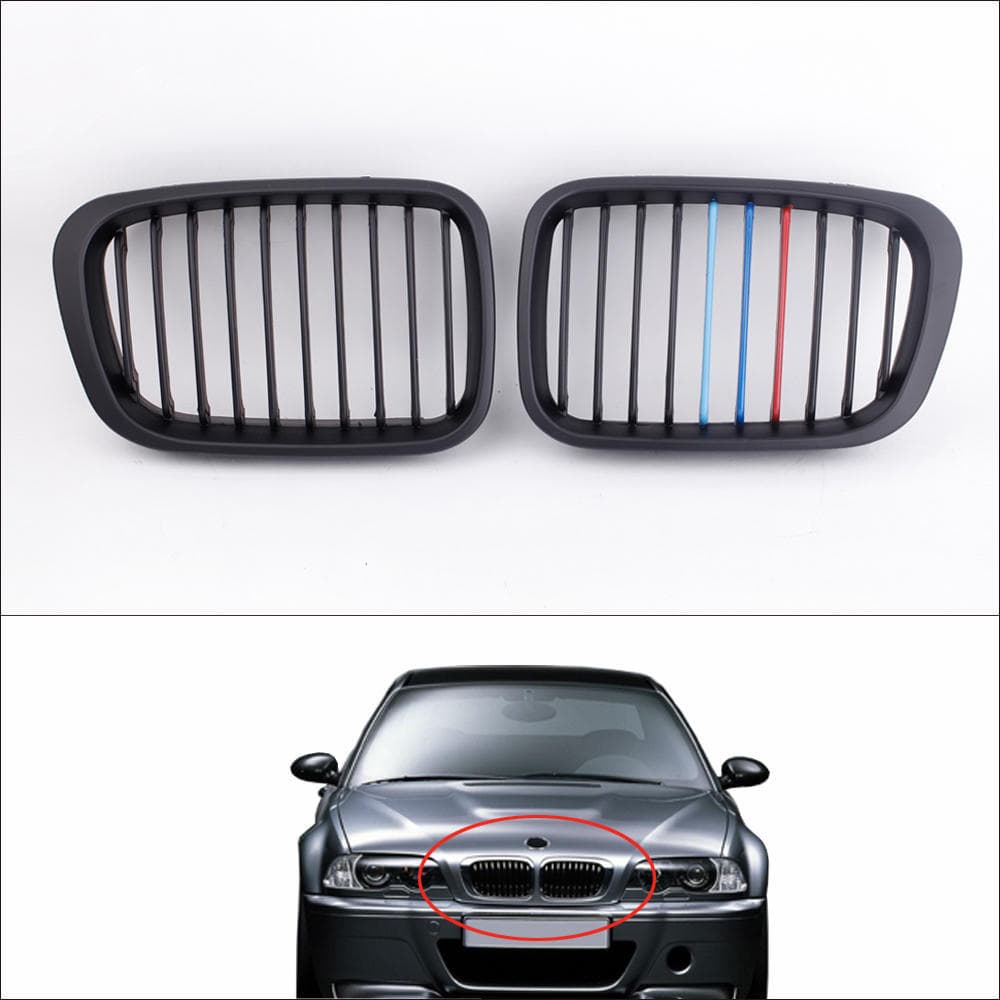 2st Mattsvart M-färgad frontgrill för BMW E46 3-serie 4-dörrar 1998-2001