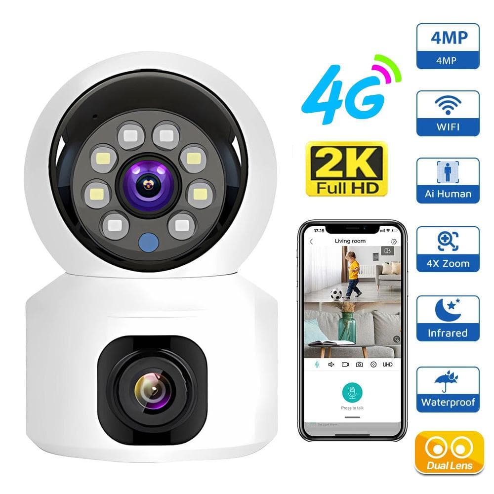 2025 SIM-kort 4G Kamera Inomhus Dubbla Objektiv Mini IP-kamera 2K 4MP WIFI Trådlös Säkerhet Mörkersyn Kamera Videoövervakning V380 Pro