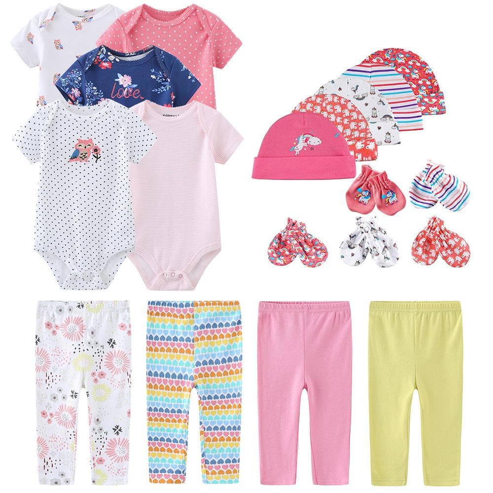 Kiddiezoom 19st/set Nyfödd baby jumpsuits+byxor+vantar+hattar set 100% bomullstryck Unisex baby flicka pojke kläder Newborn present 3-6Months
