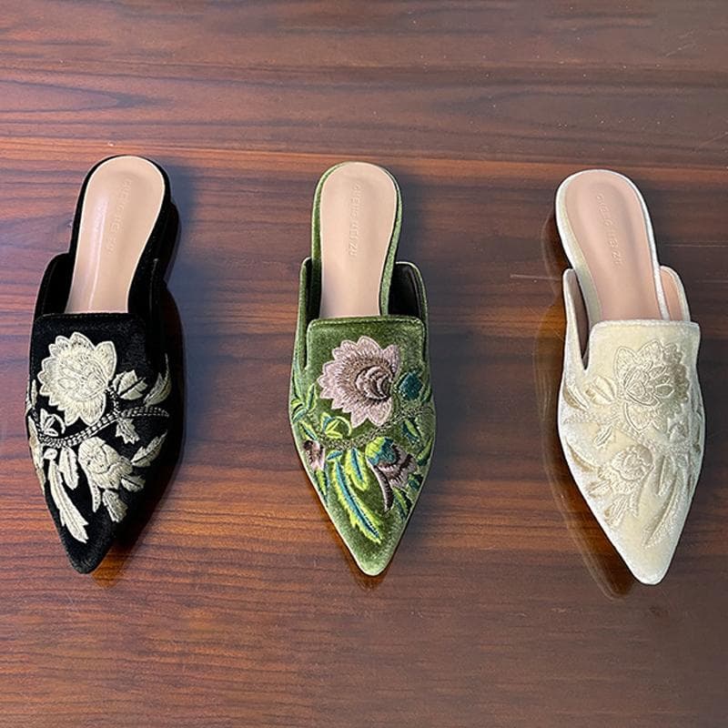 Sammet Broderi Blomma Mules Kvinna Eleganta Skor Spetsig Stängd Tå Tofflor Slip On Ballerinaskor Slides Femmes Pantuflas Sandalias cm svart