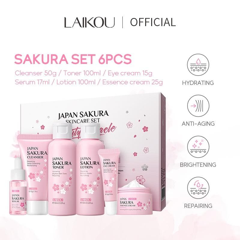 LAIKOU Sakura Face Wash Serum 6st/set Hudvårdspresentförpackning Brighten Skin Tone Moisturizer Anti-aging