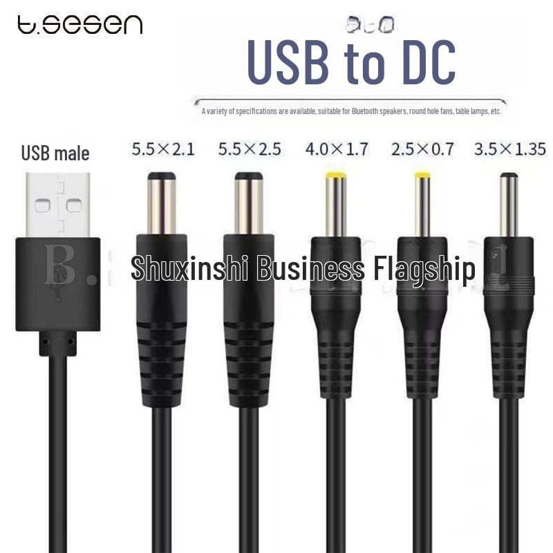 USB till DC Laddningskabel, 5V Strömförsörjning med Flera Kontakter (5.5mm, 3.5mm, 2.5mm, 4.0mm, 2.0mm) svart