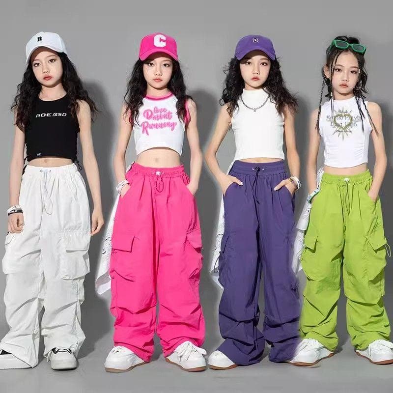 5-14Y Kids Hip Hop Joggers Byxor Hög midja Vintage Casual Streetwear Baggy Byxor Flickor Cargo Byxor Raka tonårsbyxor cm
