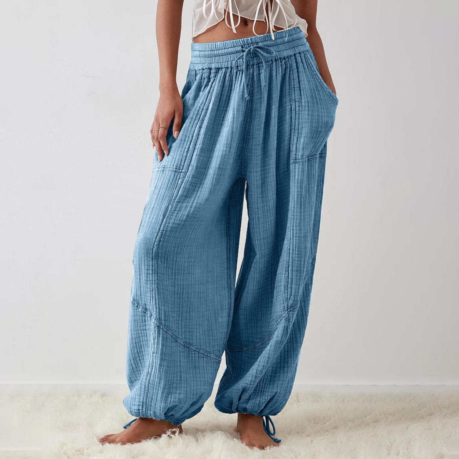 Damer Casual Enfärgad remficka Byxor med vida ben Långbyxor Dammode Strand lösa byxor cm ljusblå färg