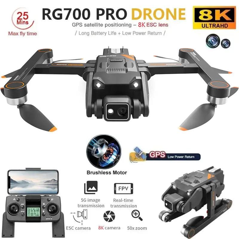 RG700 PRO GPS Drönare 8K Professionell HD Dubbelkamera 5G Wifi Hinderundvikande Borstlös Motor Fyrrotor RC Räckvidd 2KM Drönare svart