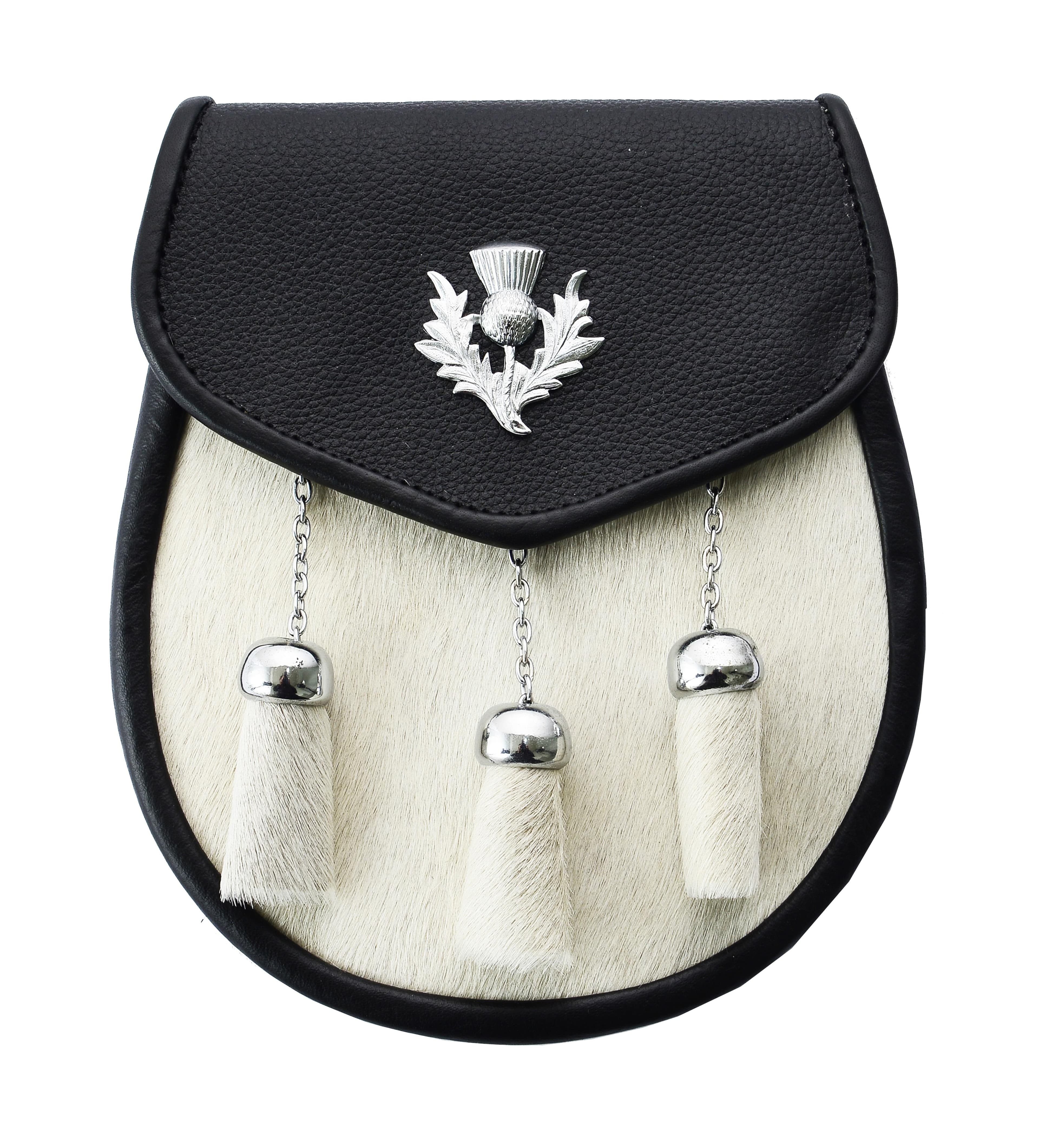 Lädersporran Kalvskinn Traditionell skotsk tistel emblem Plånbokspåse för kilts krämig färg