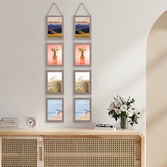 6/7-tums vägghängande fotoram Rustik massivt trä vertikal collage display ram med klart glas DIY 4 öppning tavelram Väggkonstdekoration