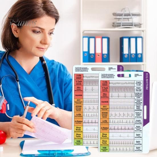 1/2 st EKG Rytm Fickkort Dubbelsidigt EKG Rytm Tolknings Referenskort Portabelt Elektrokardiogram Rytm Badgekort Sjuksköterskor EKG-tekniker