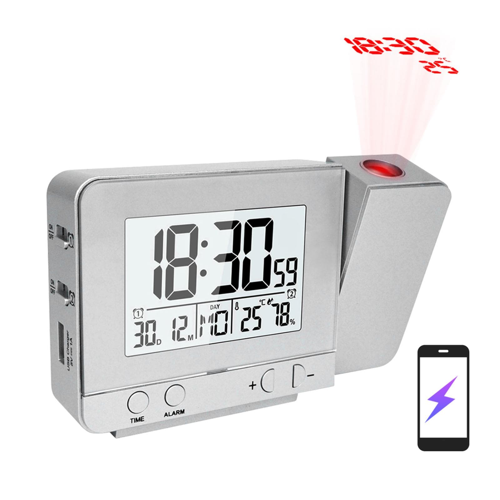 Projektionsväckarklocka för sovrum med termometer Hygrometer Digital Project Ceiling Clock silver