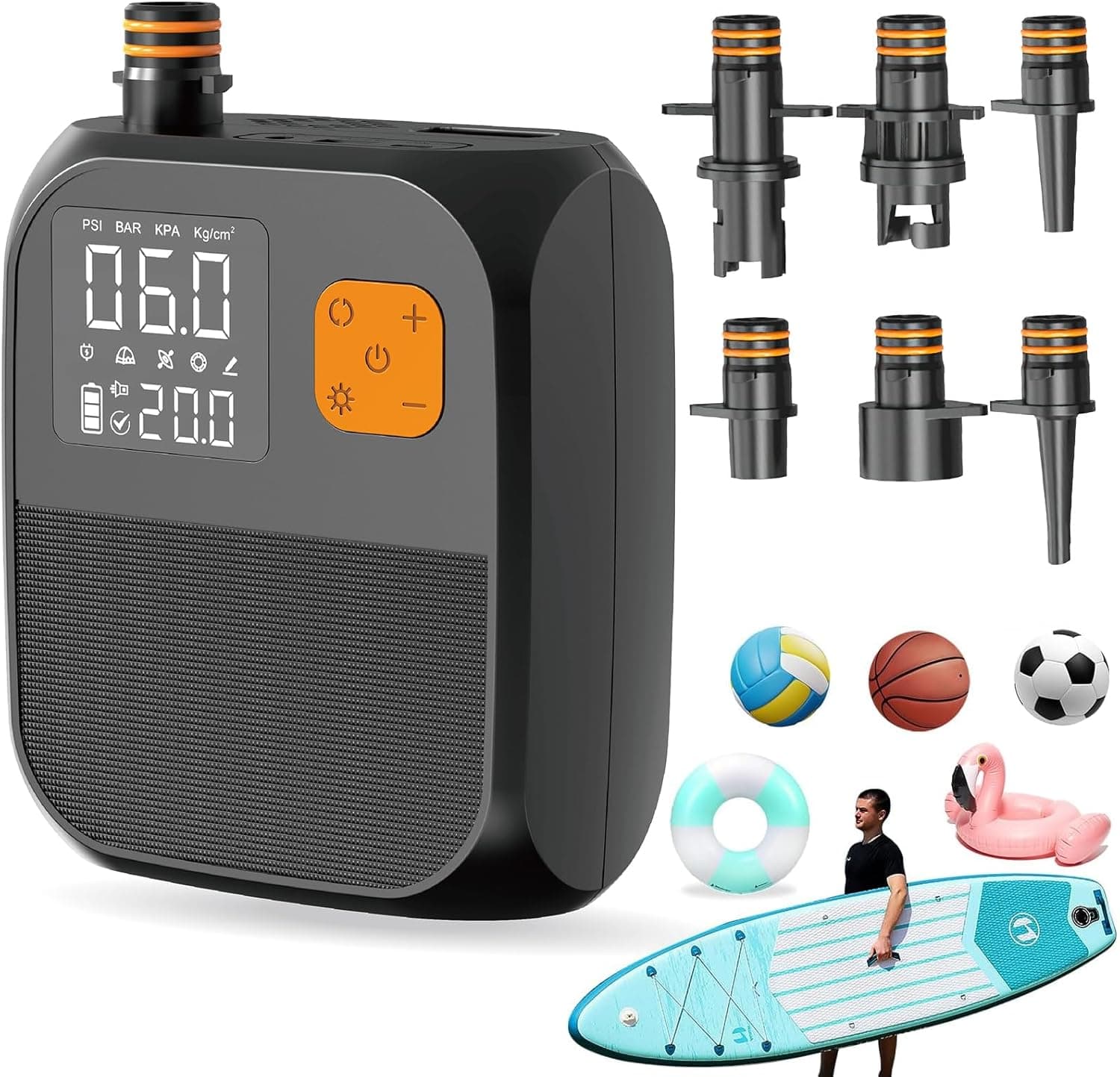 Uppladdningsbar paddelbrädepump med 8000mAh batteri, 25PSI högtrycks SUP-pump & biladapterdriven bärbar elektrisk luftpump svart