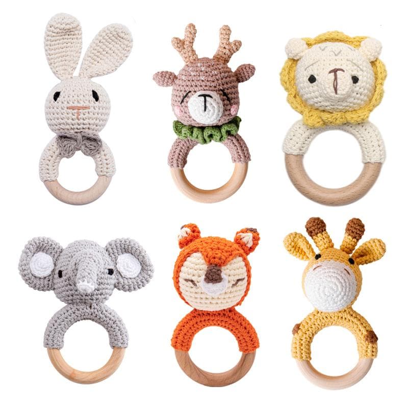 1 st Babybitring Musikrassel för Barn Djur Virkad Rassla Elefant Giraff Ring Trä Babygym Montessori Barnleksaker