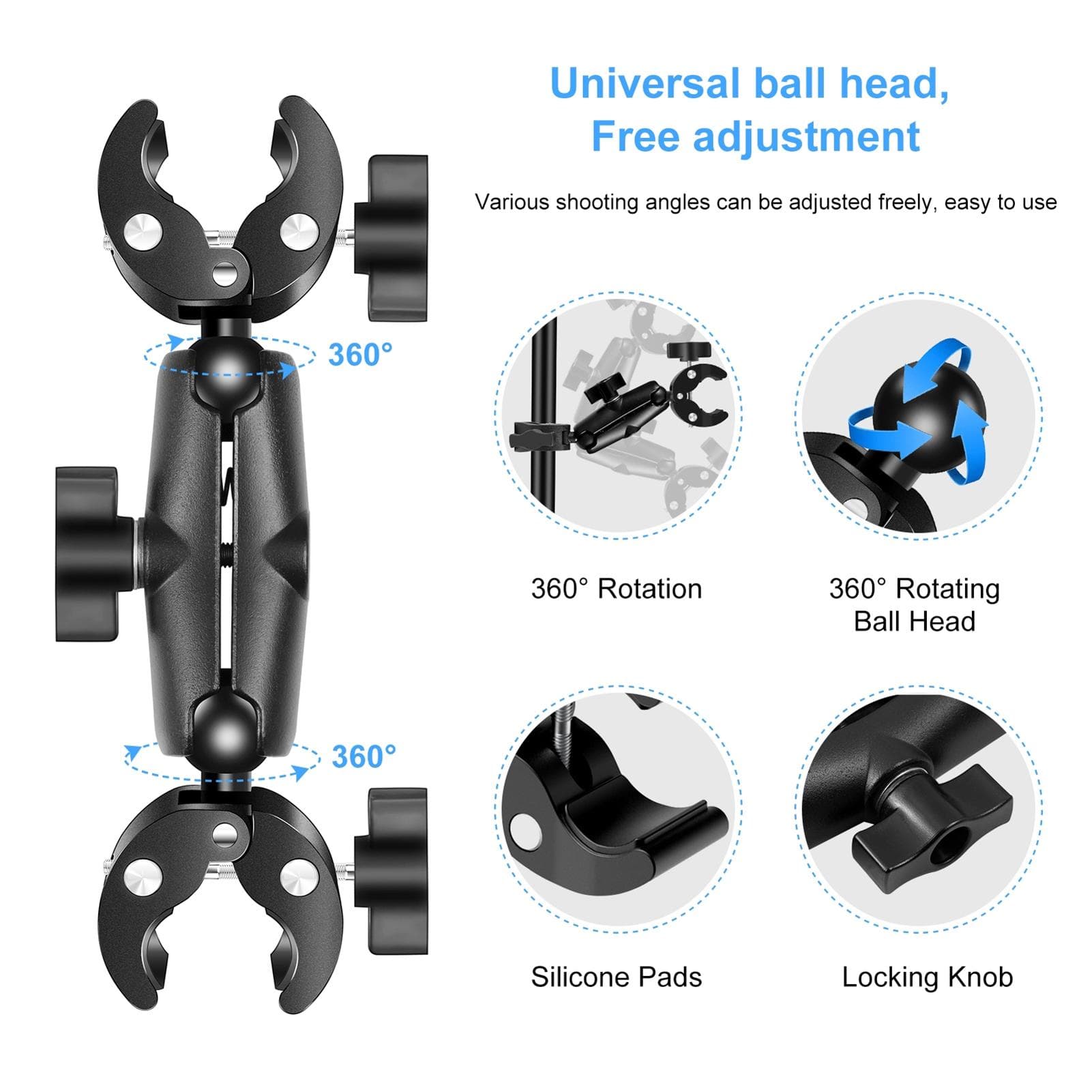 PULUZ PU849B Flexibel Motorcykel Super Clamp Double Crab Clamps 360 grader roterbar sportkamera svart