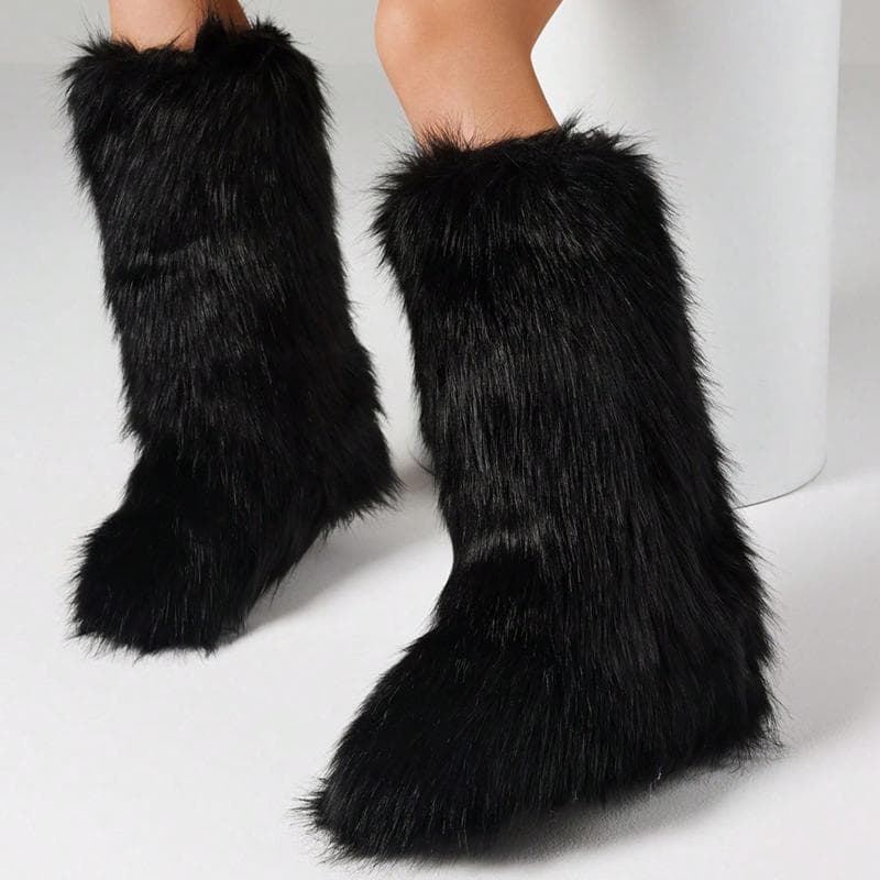 Pälsiga Fluffiga Dam Snöstövlar Varmplysch Knähöga Platta Lyxmode Punk Goth Cosplay Dam Vinterskor cm