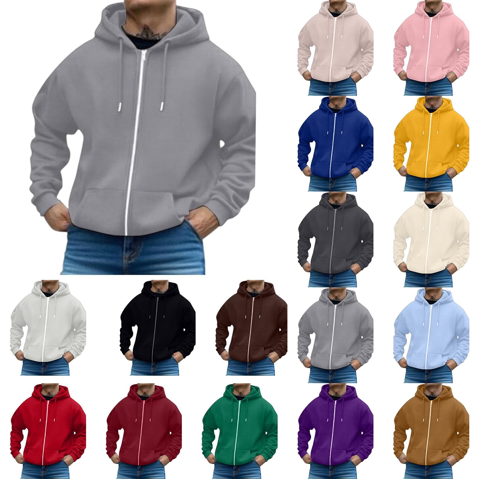 Herr Casual Sport Lös Full Dragkedja Hoodie Sweatshirt cm vit