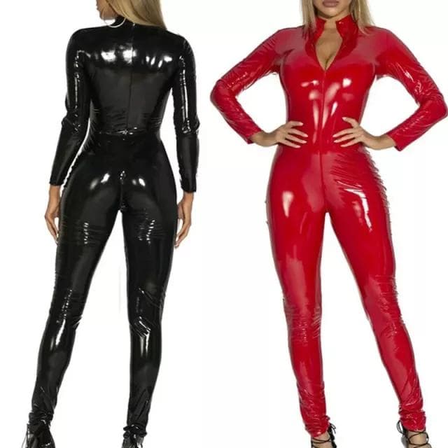 Unisex Wet-Look Glossy Double Way Dragkedja Bodysuit i konstläder Jumpsuit Catsuit Clubwear cm röd