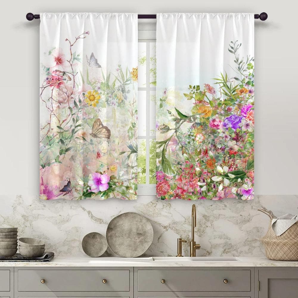 2 st Mjuk och Elegant Akvarellblomma Halvmörkläggande Köksgardin-Förbättra Din Heminredning