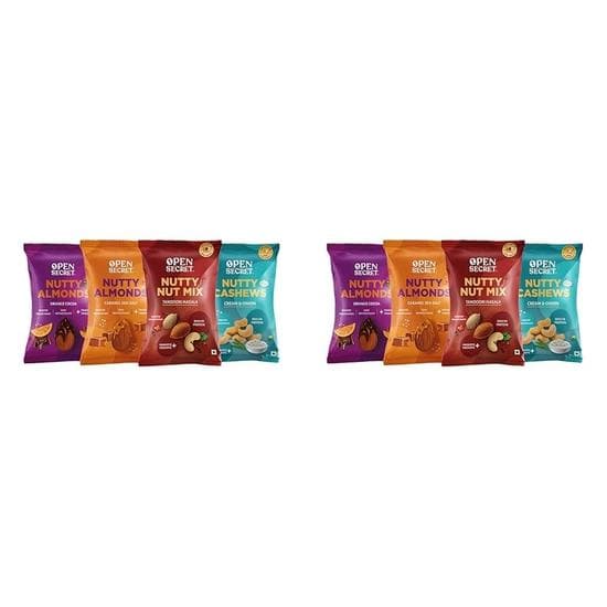 Open Secret Mini Nuts| Förpackning med 8 (23g vardera)|Snacks Presentkorg |Karamell Havssalt & Apelsin Kakao Mandlar, Gräddfil & Lök Cashew|Rostade
