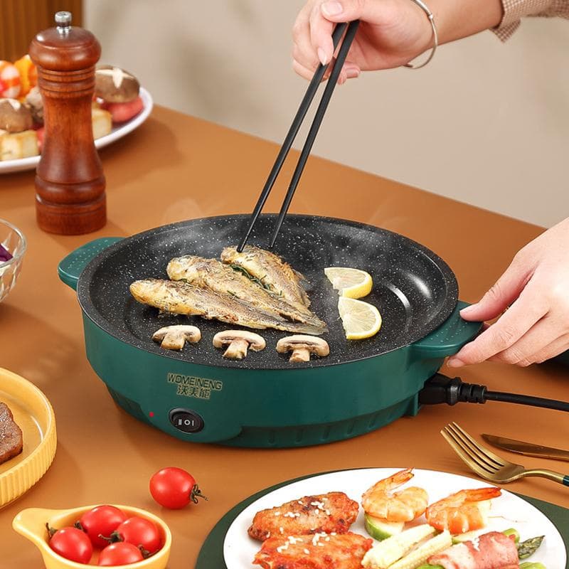 1 set Elektrisk MultiCooker Elektrisk Stekpanna 220V Hushållsgrill Stekt biff Fiskomelett Stekpanna Non-stick matlagningsmaskin grön