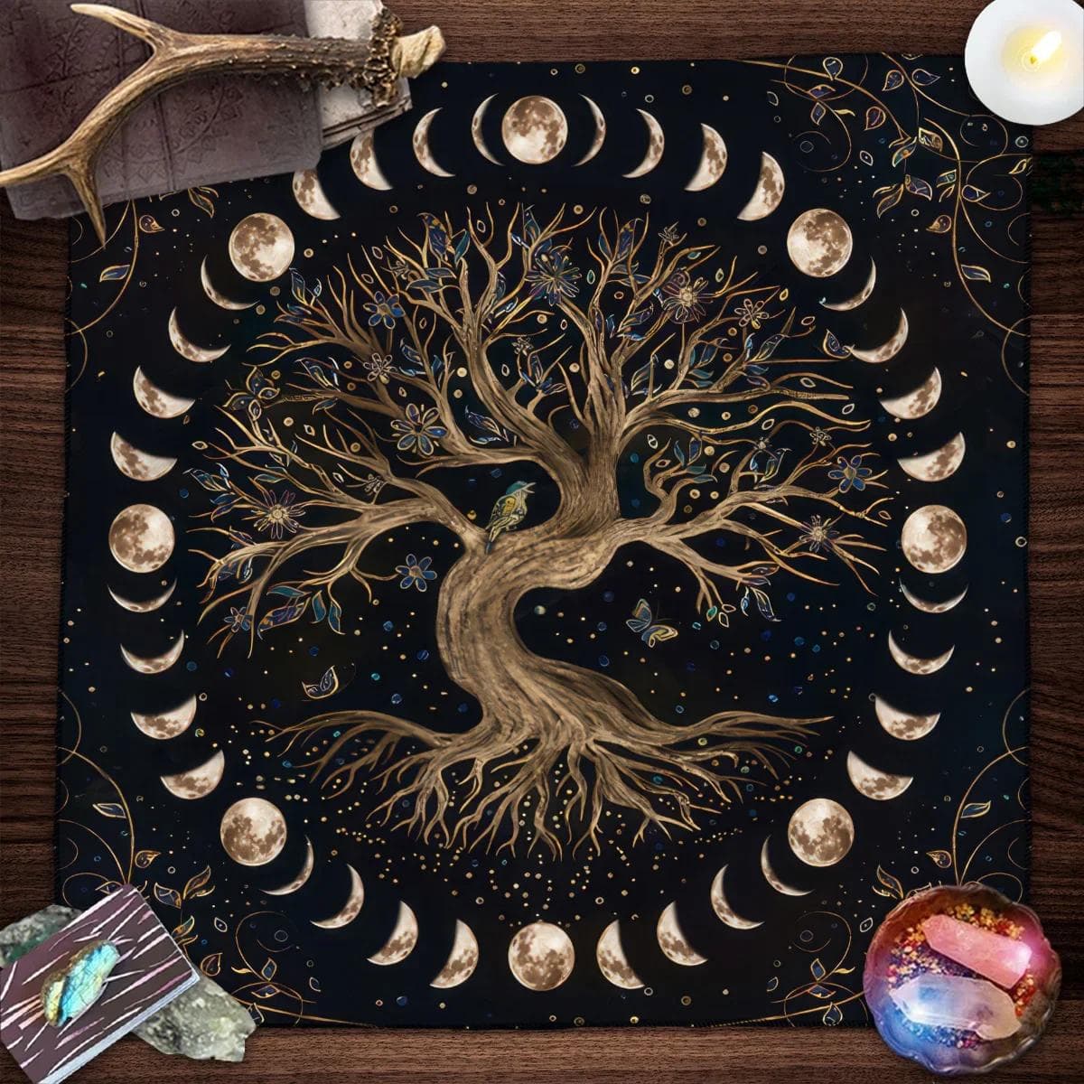 Livets Träd Tarotkort Bordsduk Månfaser Växter Bordsduk För Tarot Häxa Wicca Altarduk Spådomsduk Kortunderlägg