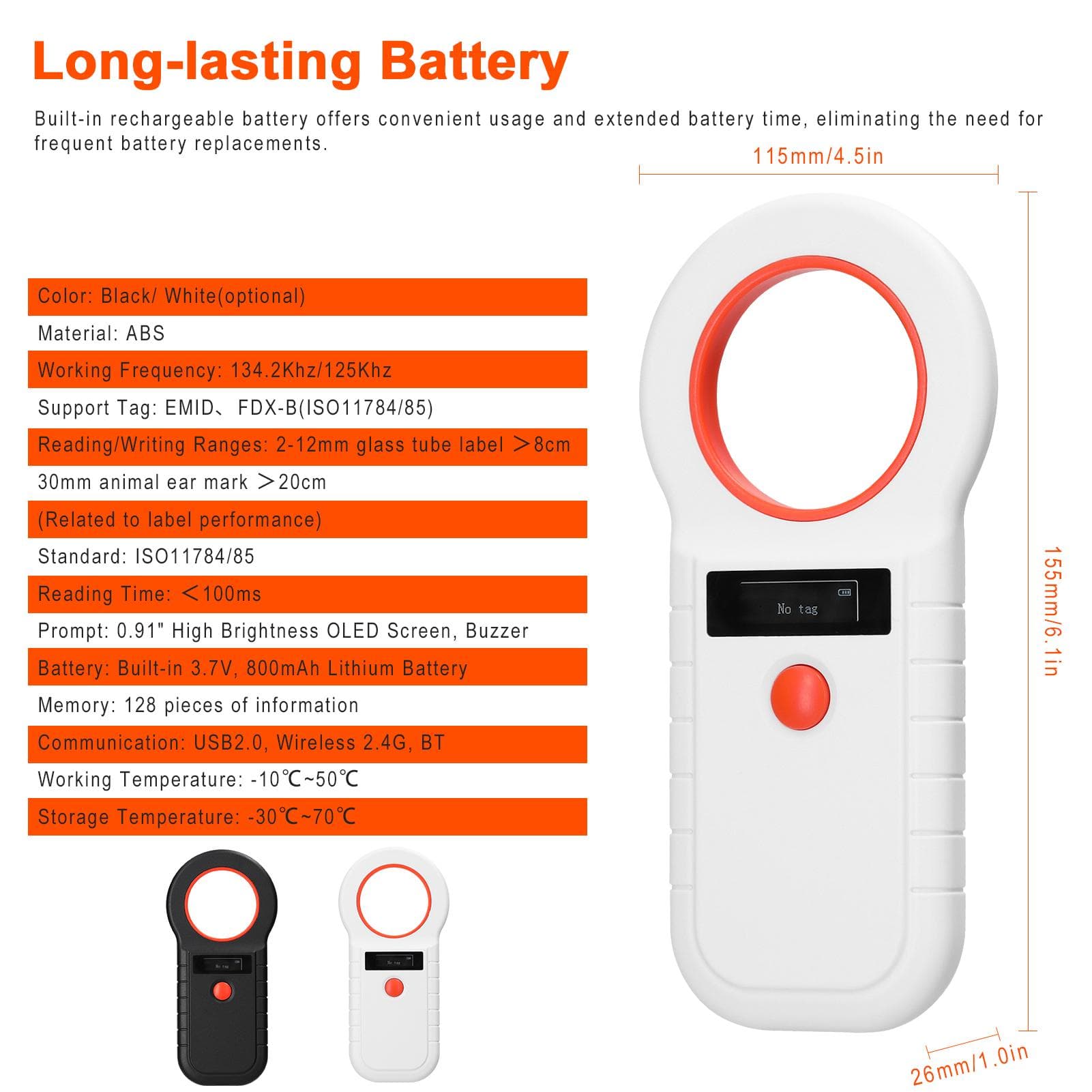 Pet Microchip Reader Scanner Trådlös RFID Handheld Chip Scanner Uppladdningsbar Animal Tag Scanner vit