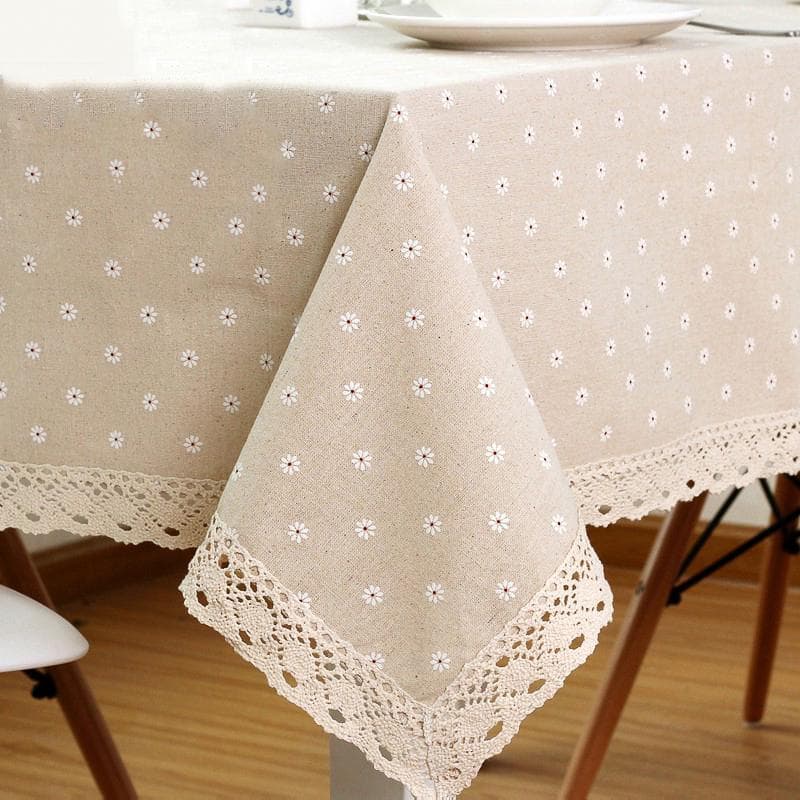 Daisy Blommönster Bordsduk Linne och bomull Spetskant Rektangulär bordsduk Hem Hotell Textil vit