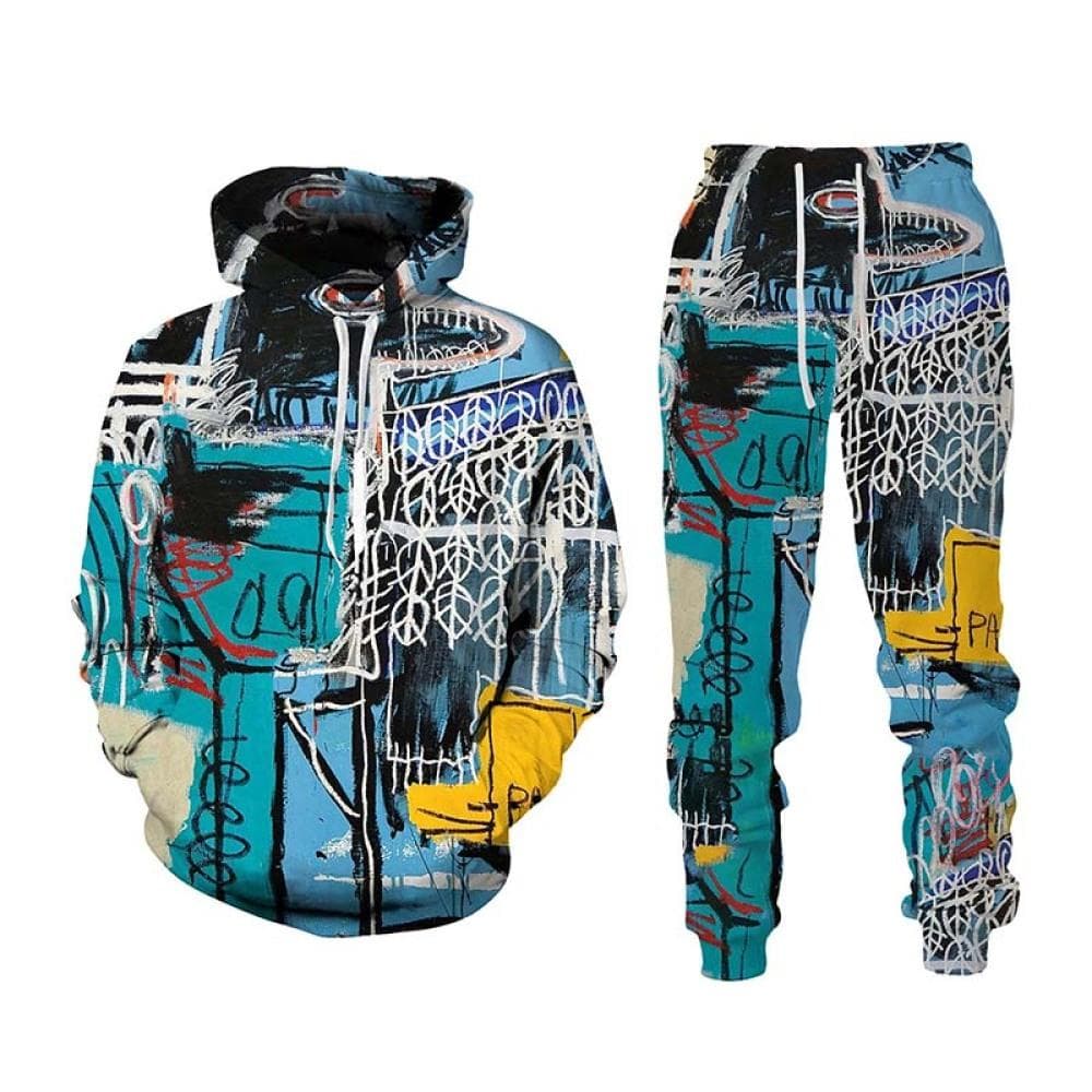 Hip Hop Graffiti 3D Tecknad Tecknad Luvtröja+byxor Kostym Cool Herr/Kvinnor 2 st Set Sweatshirt Träningsoverall Vår Höst Herrkläder cm