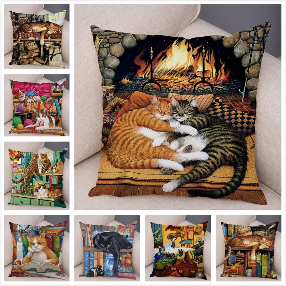 45x45cm Oljemålning Färg Katt Kuddfodral Örngott Heminredning Tecknad Djursoffa Polyester Örngott