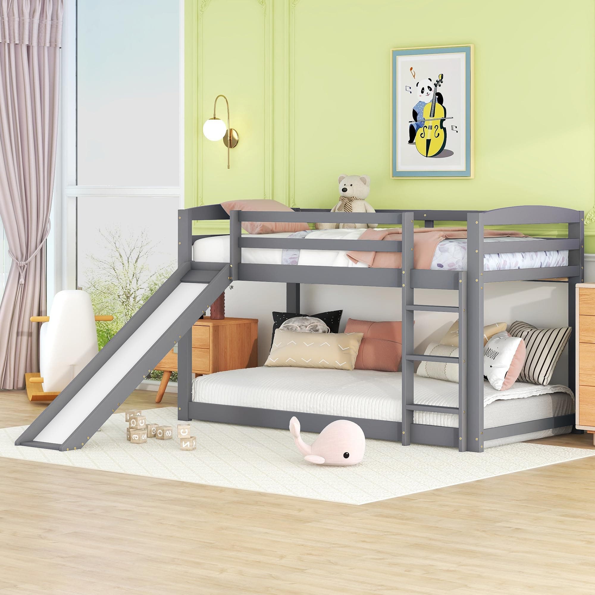 Kinderbett Hochbett, Etagenbett mit Leiter und Rutsche, Stockbett mit Lattenrost und Rausfallschutz, Massivholzrahmen grå färg