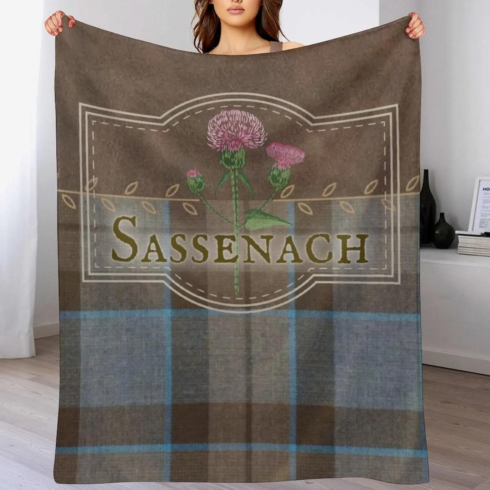 Outlander - Sassenach Läder och Tartan med Tistlar och Löv Pläd anime rolig present Mjuk Stor Täcke Filtar