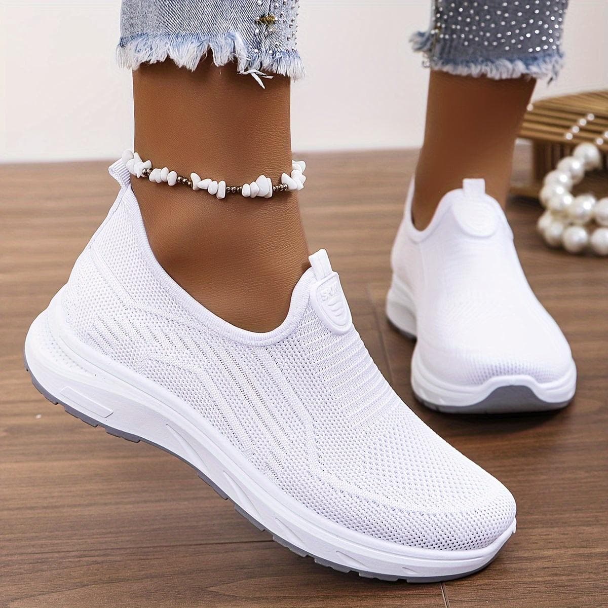 Damsneakers med plattform i enfärgad design, Andningsbara stickade slip-on utomhusskor, Bekväma sportskor med lågt skaft cm blå