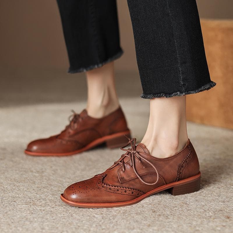 Mode Dam Äkta Läder Oxford Skor Rund Tå Svart Brun Dam Snörskor Brogues Loafers Fritidsskor för Kvinnor Lädskor 2025 cm svart