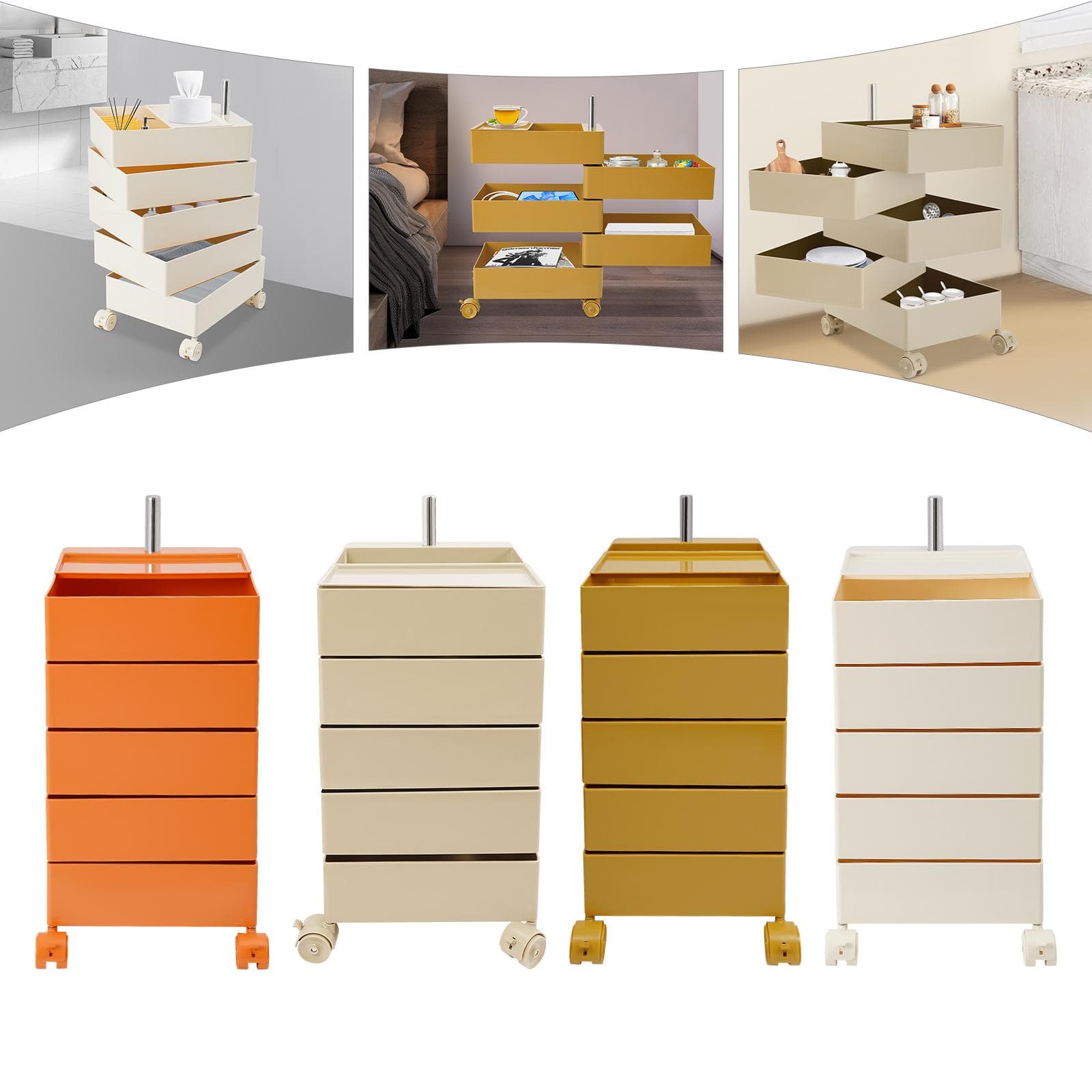 5 hyllor 360° roterande soffbord metallskåp, Vit/Orange/Khaki/Gul Fristående förvaringsställ 41,5*31,5*61cm för Kök gul
