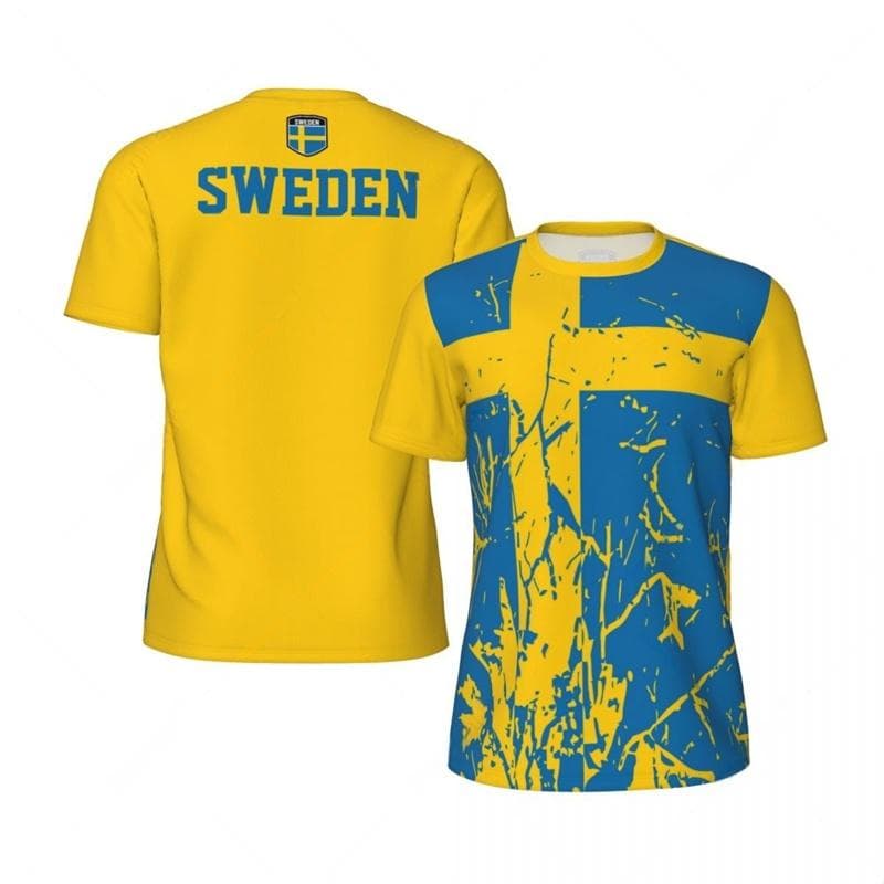 Sverige Fotbollströja För Män 3D-tryckt Lös T-shirt Mode Kortärmad Rundhalsad T-shirts Toppar Sommar Sport Fotbollströjor 4XL