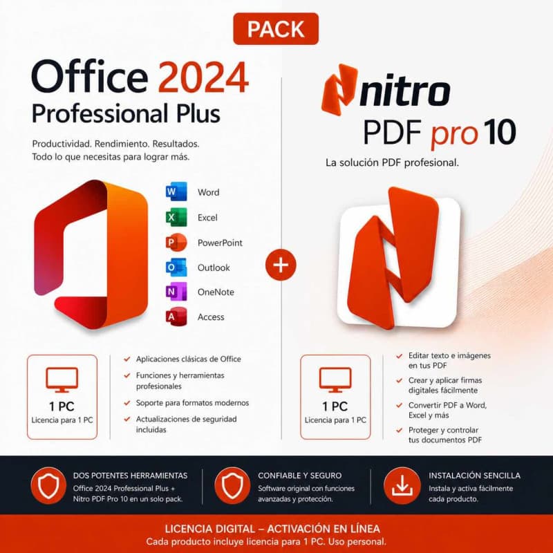 Pack Office 2024 Professional Plus + Nitro PDF Pro 10 para Windows