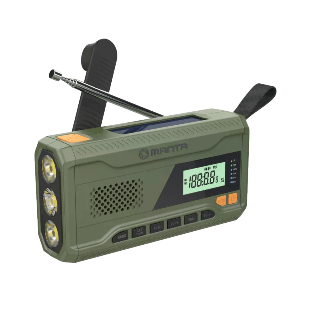 Manta - Portable Emergency crank FM Radio, Solar Power Bank, Flashlight