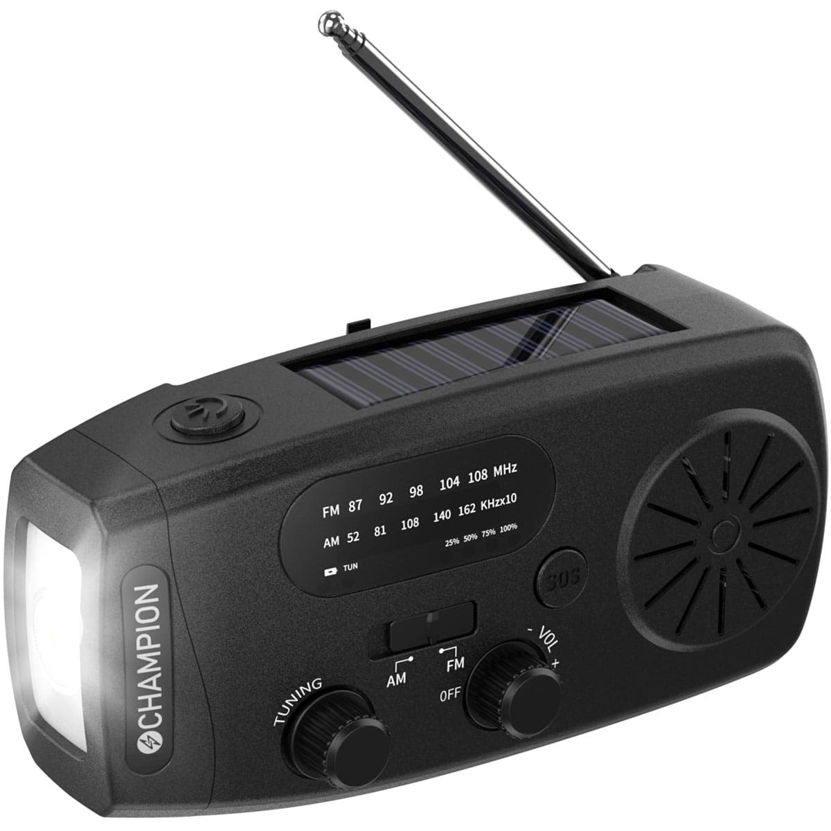 Champion Vevradio med ficklampa & solcell/Svart