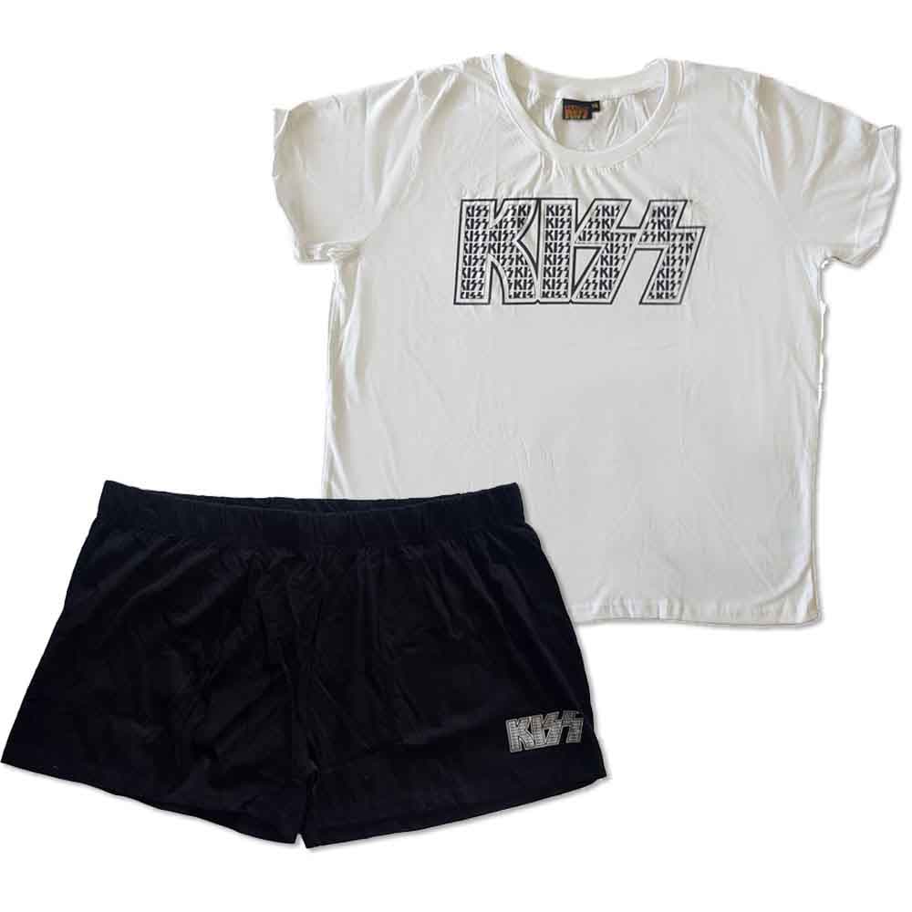 KISS: Ladies Summer Pyjamas/Logo Infill (White & Black) (Ex-Tour) (X-Large)