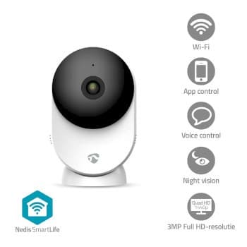 Nedis SmartLife Inomhus Kamera | 3MP Full HD 1296p | microSD (ingår inte) / Molnlagring (tillval) / Onvif | Nattsikt | Vit