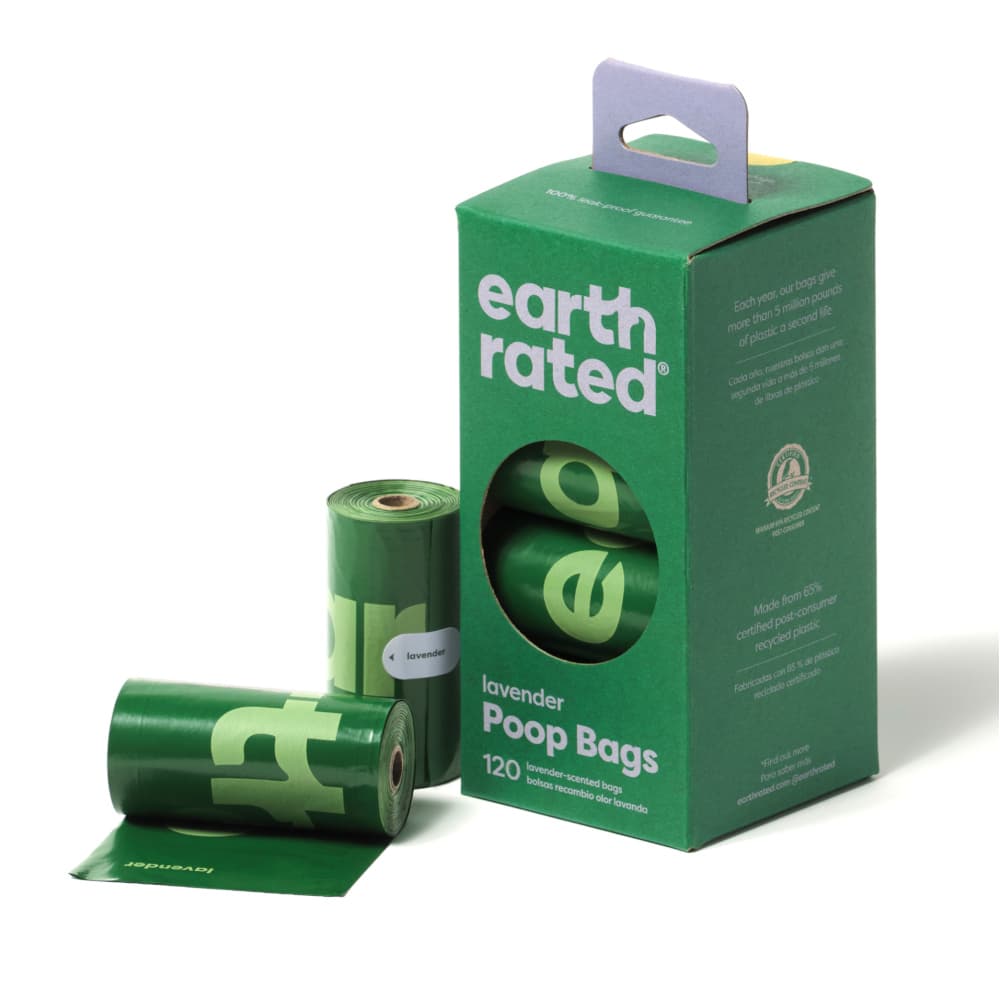 Earth Rated hundbajspåsar, rullar - 8 rullar med 15 påsar, lavendel (120 påsar)