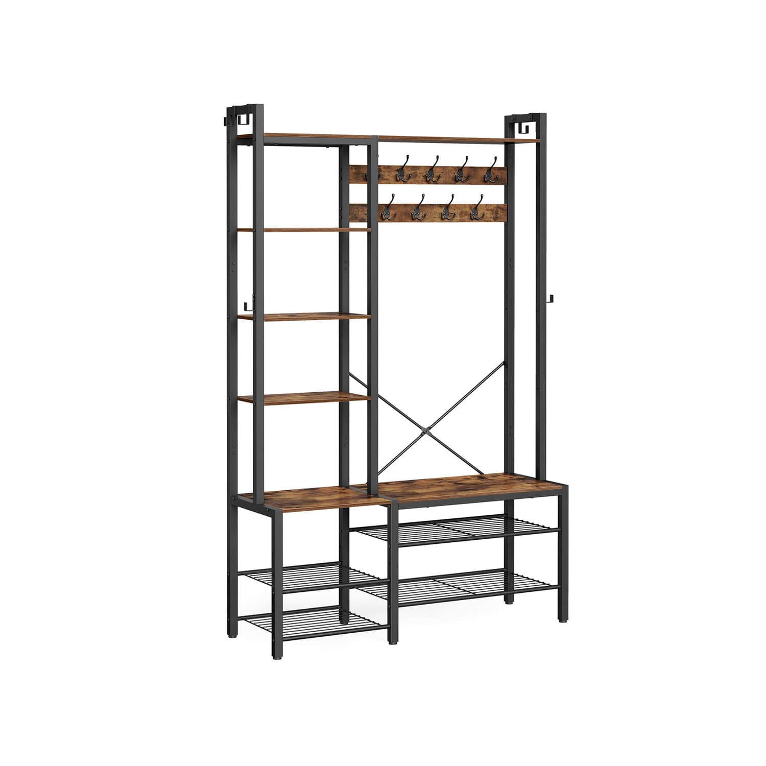 Hallträd med bänk och skoförvaring, Hall Coat Rack med skobänk och 5 förvaringshyllor, 9 klädkrokar och 6 sidokrokar, 140 x 120 x 190 cm,