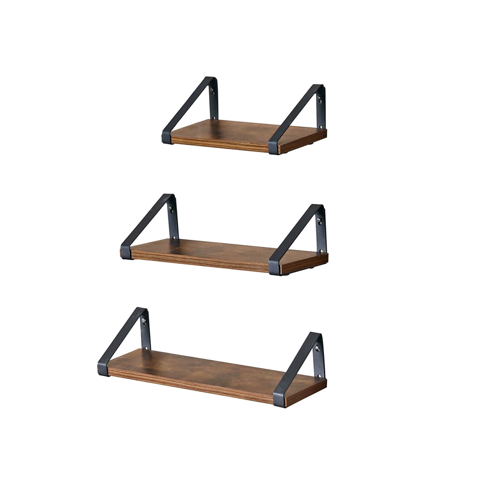 Vägghyllor, industriell flytande hylla väggmonterad, uppsättning av 3, stabilt displayställ för vardagsrum, badrum, kök, rustik brun LWS33BX