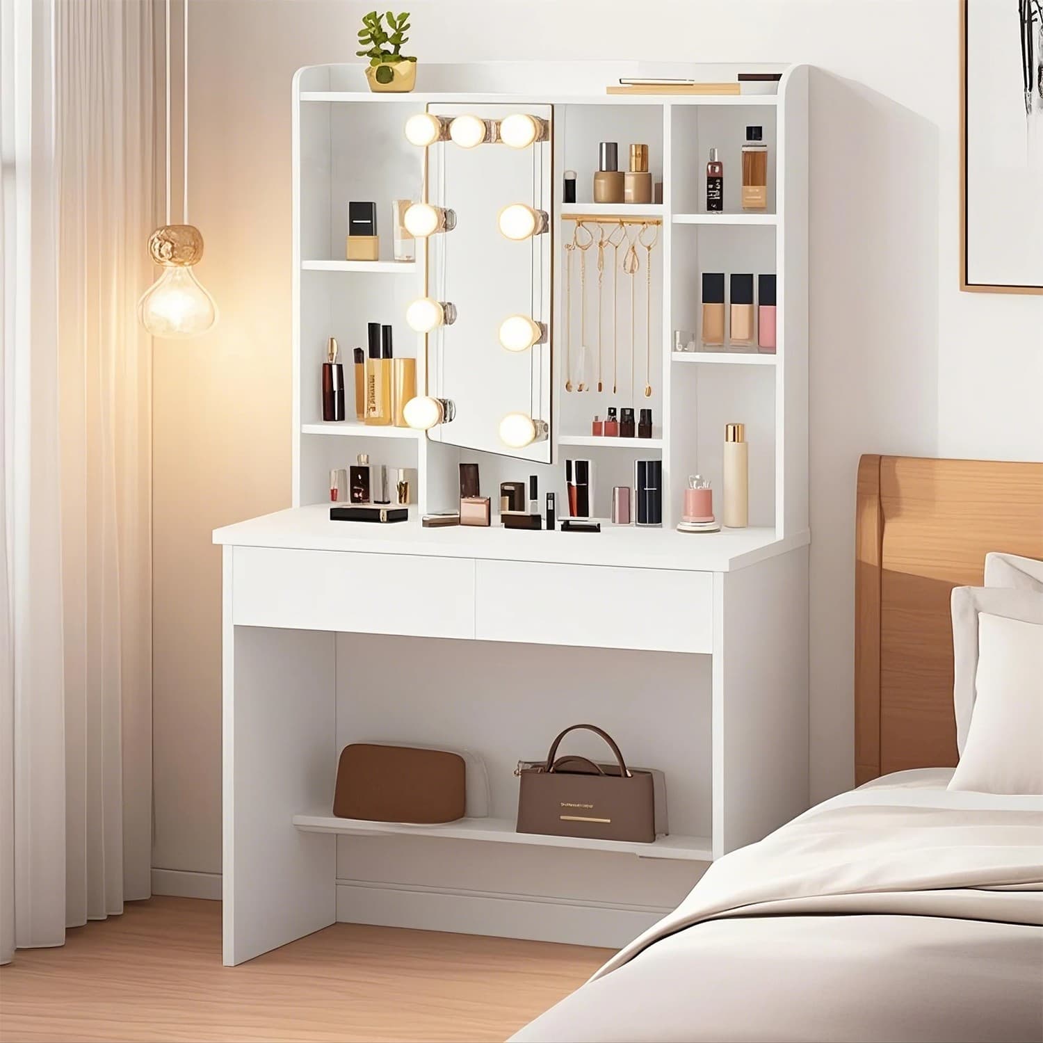 Sminkbord med LED-belysning, justerbar ljusfärg och ljusstyrka, sminkbord med spegel