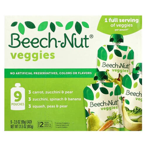 Beech-Nut, Grönsaker, 6+ månader, olika förpackningar, 9 påsar, 3.5 oz (99 g) vardera