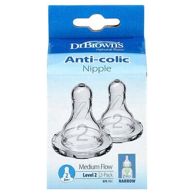 Dr. Brown's, Natural Flow®, Antikolik-napp, 3 månader +, Mediumflöde, 2-pack