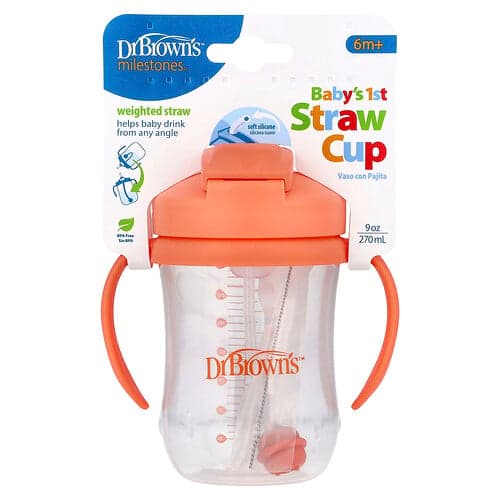 Dr. Brown's, Babys första sugrörsmugg, 6 månader +, korall, 270 ml