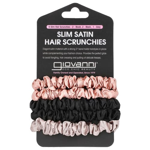Giovanni, Slim Satin Hår Scrunchies, Rouge, Svart, Grå, 5 Scrunchies