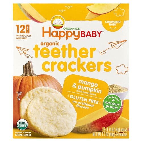 Happy Family Organics, Happy Baby®, ekologiska bitringskex, mango och pumpa med amarant, 12-pack, 4 g styck