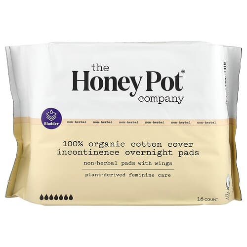 The Honey Pot Company, Icke-växtbaserade bomullsrondeller med vingar, ekologisk inkontinens över natten, 16 count