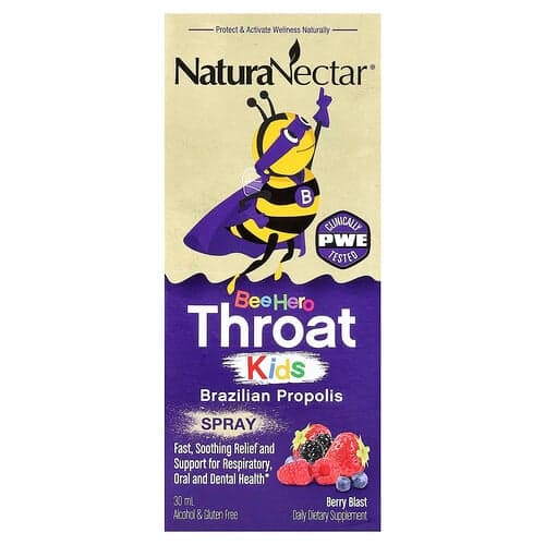 NaturaNectar, Bee Hero Throat Kids, brasiliansk propolisspray, bärsprängning, 30 ml